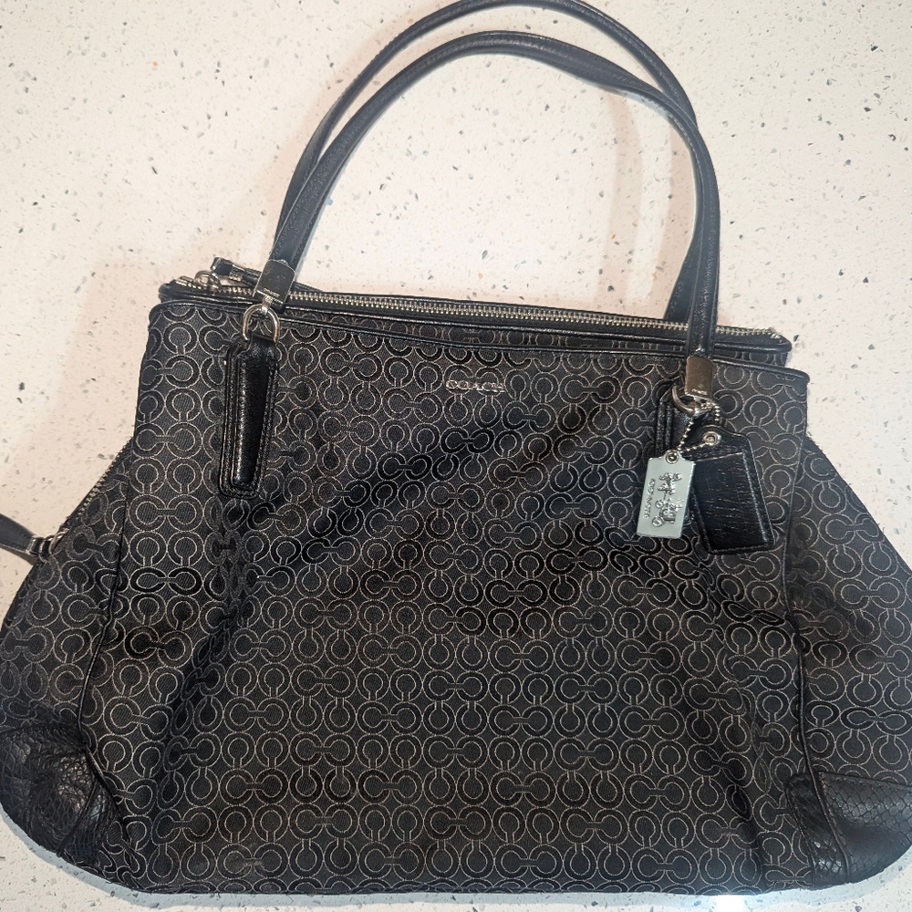 Coach Madison Signature Black C Maggie Purse Tote Bag Lining Teal Blue
